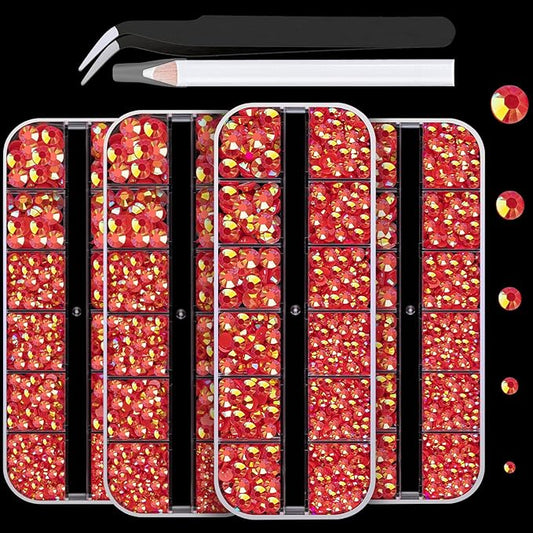 7000PCS Resin Rhinestones with Tweezers for Crafting, 2/3/4/5/6mm Flatback Jelly Rhinestones, 4 Box Red AB Non Hotfix Crystal Gems for DIY Crafts Mugs Tumblers Clothes Makeup Nail