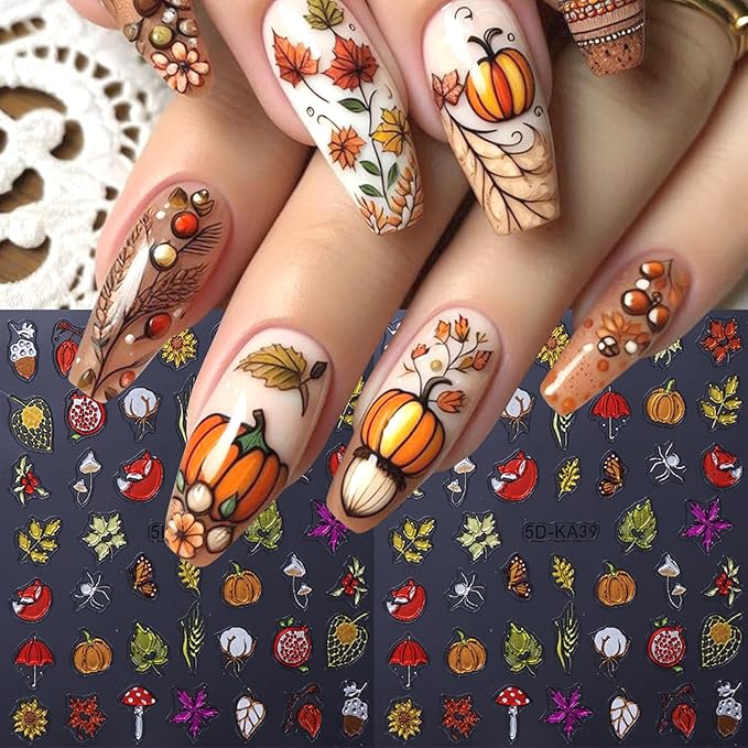 2Sheet Thanksgiving Nail Art Stickers 5D Embossed Autumn Maple Leaves Pumpkin Designs Nail Decals Self-Adhesive Fall Fruit Fox Nail Sticker Butterfly Mushroom Nail Decal for Women Nails Decor Supplies