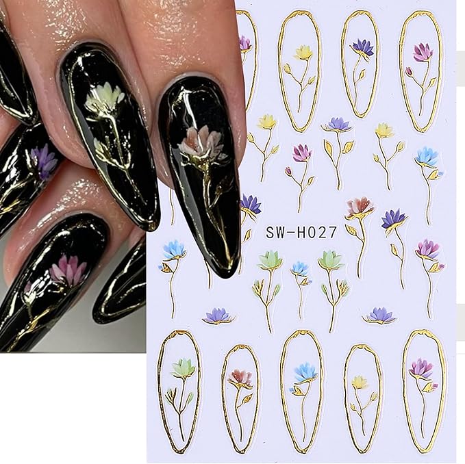 3D Flower Nail Art Stickers Decals Luxury Flower Petal Stickers with Tweezers 12 PCS Self Adhesive Pink Purple Blue Floral Gold Edge Decals Cherry Blossom Lily Summer DIY Manicure Nail Art Decoration