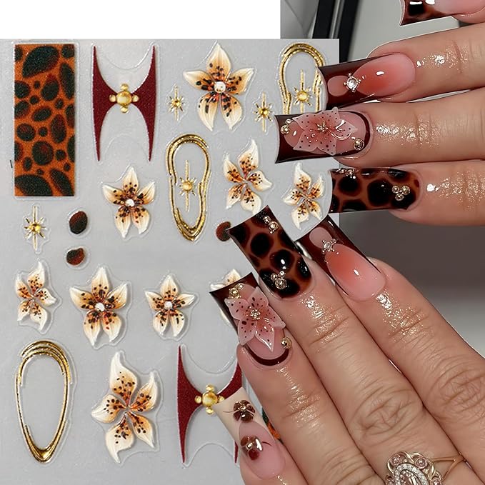 3 Sheets Brown Leopard Print Nail Stickers 5D Embossed Floral Nail Decals Exquisite Line Fall Brown Leopard Print Flower Nails Design Gold Stars Nails Supplies for Women Autumn Winter Manicure Decor