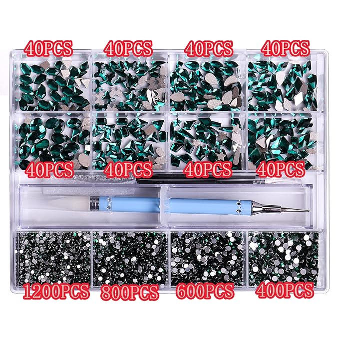 3320Pcs Green Nail Art Rhinestones Crystal,HOINCO 3D Rhinestones Gems Jewels Diamond,24 Types of 320 Diamonds + 3000 Round Beads, Crystals 3D Flat Back Gemstones for Nail DIY Crafts with Tweezers Pen