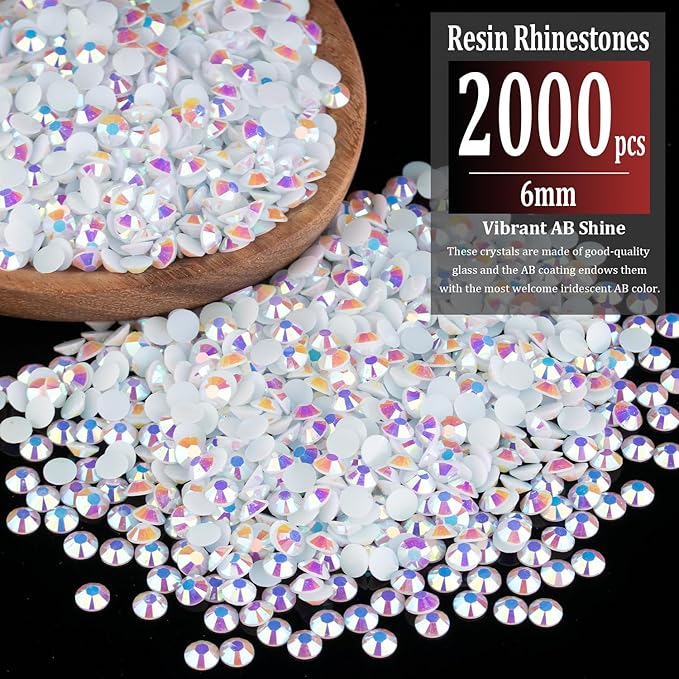 2000pcs 6mm Resin Rhinestones Bulk, White AB Flatback Round Jelly Rhinestones Bedazzling Non Hotfix Crystal Gems Large Quantity Wholesale for DIY Crafts Clothes Bottles Tumblers Face Makeup Manicure