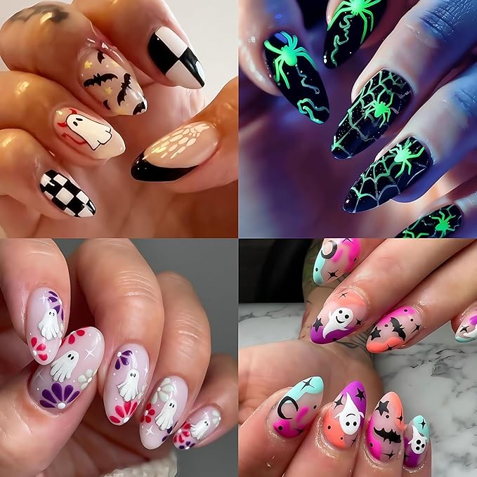 8Sheets Halloween Glow in The Dark Ghost Nail Stickers 3D Self-Adhesive Luminous Ghost Nail Art Decals Spider Web Pumpkin French Nails Design Bats Star Moon Nail Supplies Nail Decorations for Women