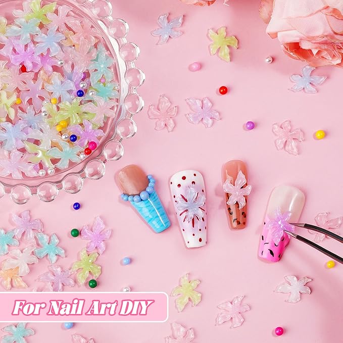 300Pcs Flower Nail Charms Kit, 100Pcs 3D Embossed Hawaii Floral Charms and 100Pcs Nail Pearls with 100Pcs Macaron Beads, Colorful Hibiscus Summer Flowers Mini Gems Round Beads for Nails DIY