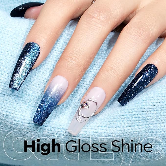 modelones Cat Eye Gel Nail Polish,Blue Glass Nail Polish Sparkle Reflective Glitter Polish Spring Deep Navy Blue Translucent U V Magnet Soak Off LED Nail Art Gel Top Coat DIY Salon 15 ML