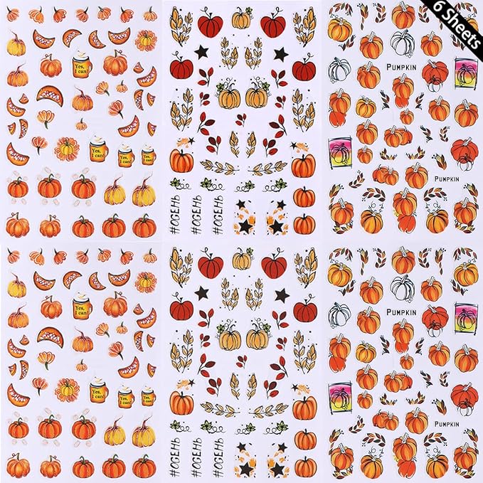 6 Sheets Fall Nail Stickers for Nail Art Pumpkin Maple Leaf Nail Decals 3D Self-Adhesive Thanksgiving Flower Leaves Design Nail Stickers Holiday Nail Art Supplies for Women Autumn Nail Art Decoration