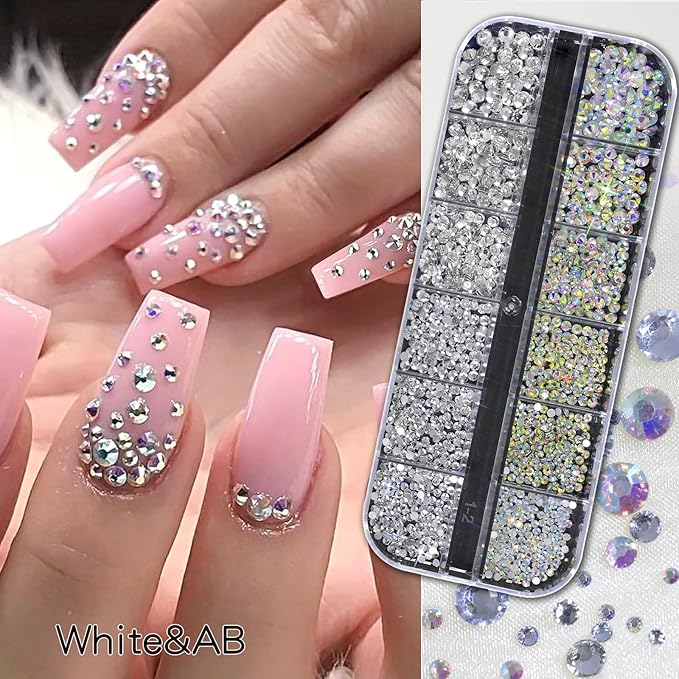 HNUIX Nail Art Charms - 3D Multiple Shapes Size, Flatback Rhinestones and Gems, Pearls, Butterfly, Bow, Flowers, Caviar Beads, with Kit, 6 Boxes, for Nail Art
