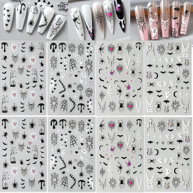 8 Sheet Halloween Nail Stickers Ghost Bat Spider Nail Decals 3D Self-Adhesive Spider Web Spooky Bat Spider Nail Art Stickers Design Gothic Nail Art Supplies for Holiday Acrylic DIY Nail Decoration