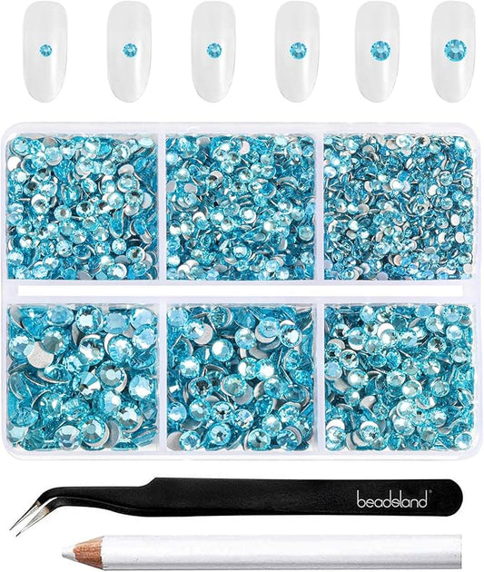 Beadsland 4300pcs Flatback Rhinestones,Blue Rhinestone Nail Gems Round Crystal Rhinestones for Crafts,Mixed 6 Sizes with Picking Tweezers and Wax Pencil Kit, SS6-SS20,Aquamarine