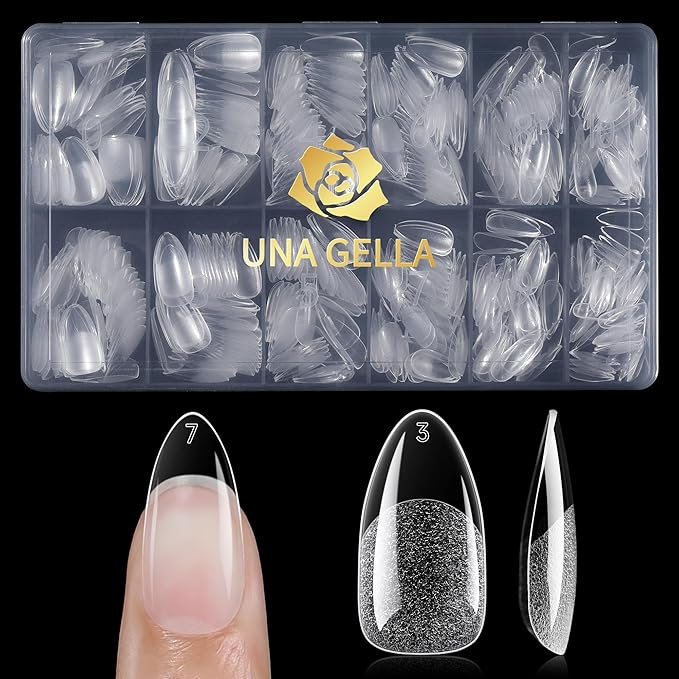 UNA GELLA Almond Gel Nail Tips 600 Pcs Pre Etched Medium Almond Shaped Nails Full Cover Press On Nails 12 Sizes Clear Fake Soft Gel Tips for Flat & Curved Nail Bed Extension Home DIY Salon
