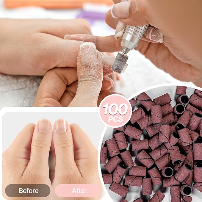 MelodySusie 100 Pcs Nail Drill Bits Sanding Bands for Nail Drill 150 Medium Grit Nail File Sanding Bands for Acrylic Nails Gel Manicures and Pedicure