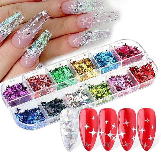 12 Colors Star Nail Art Stickers Glitter Four-Pointed Star Flakes Nail Art Sequins Paillette Confetti Holographic Laser Shining Gel Colorful Nails Decoration DIY Acrylic Nail Supplies Manicure Tips