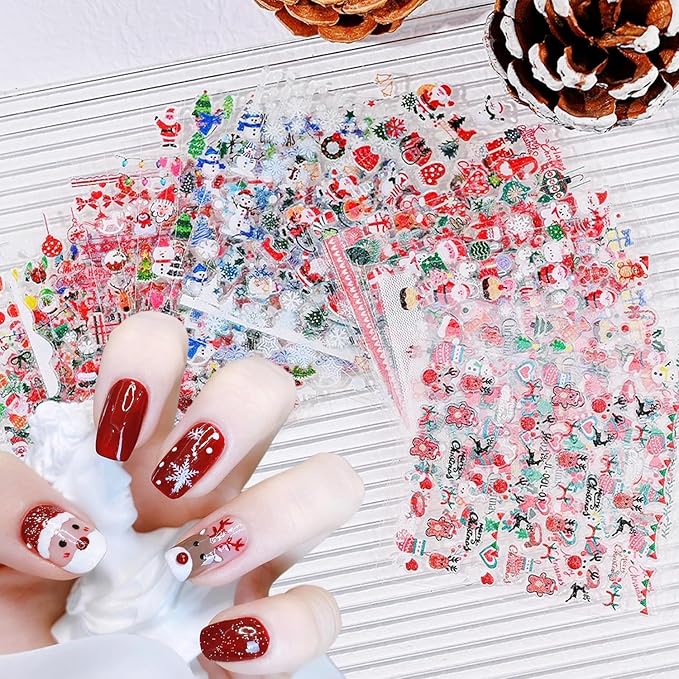 30 Pcs Christmas Nail Sticker 3D Self- Adhesive Nail Decals with Cute Penguin Deer Snowman Snowflake Elk Santa Claus Design Xmas Nail Art Stickers for Women Winter Holiday Nail Sticker(Christmas)