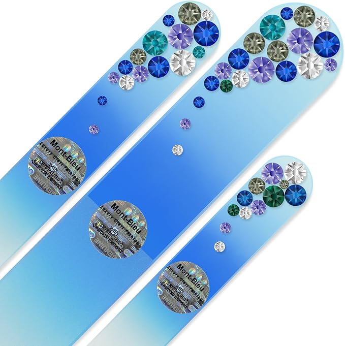 Mont Bleu Set of 3 Glass Nail Files hand decorated with crystals - Handmade gifts - Czech Tempered Glass - Enjoy a Professional Smooth Finish - Washable Nail Files
