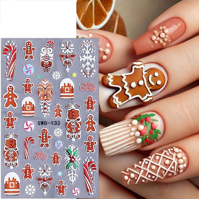 2 Sheets 5D Christmas Nail Stickers for Nail Art Self-Adhesive Embossed Winter Snowman Christmas Tree Snowflakes Xmas Gingerbread Man Nail Decals New Year Nail Design Sticker for Women DIY Manicure