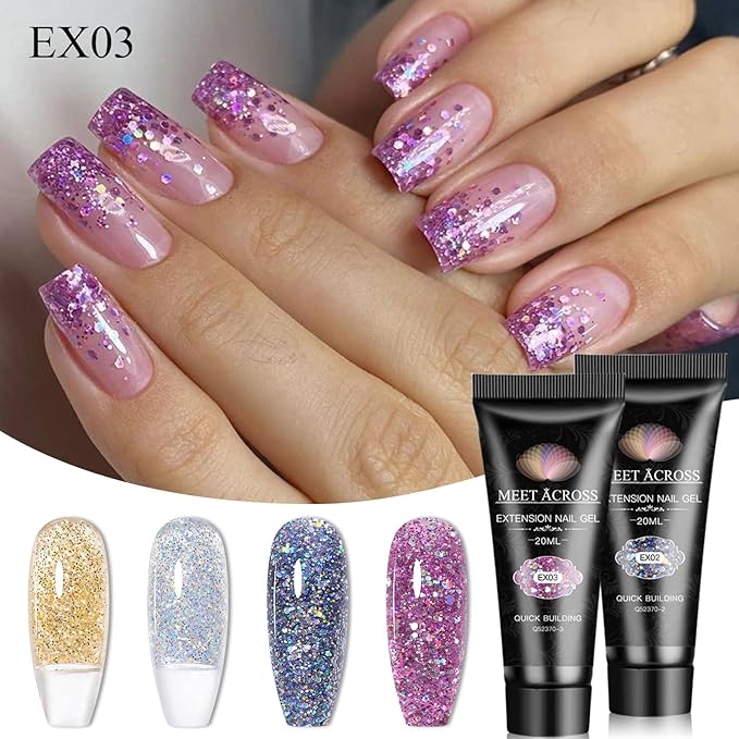 MEET ACROSS Poly Nail Gel 10Pcs Nail Extension Gel Set and Nail Extension Starter Kit for Beginners Nail Art DIY Home Gifts for Women (Glitter-2, 12pcs)