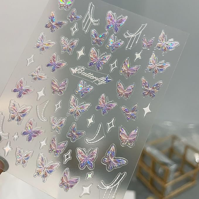 6 Sheets Butterflies Nail Art Stickers, 3D Self-Adhesive Shining Aurora Shell Nail Decals for Women, Laser Butterfly Design for DIY Nail Supplies Decoration