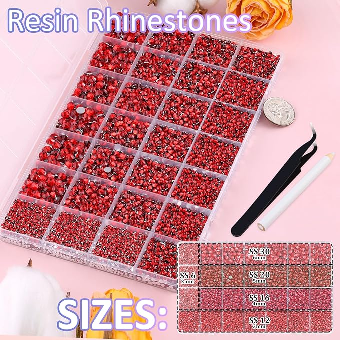 30000Pcs Resin Rhinestones for Bedazzling with Tweezers, Red Rhinestones for Crafting with B7000 Jewelry Glue for DIY Crafts Clothing Tumblers Shoes Fabric Nail Art