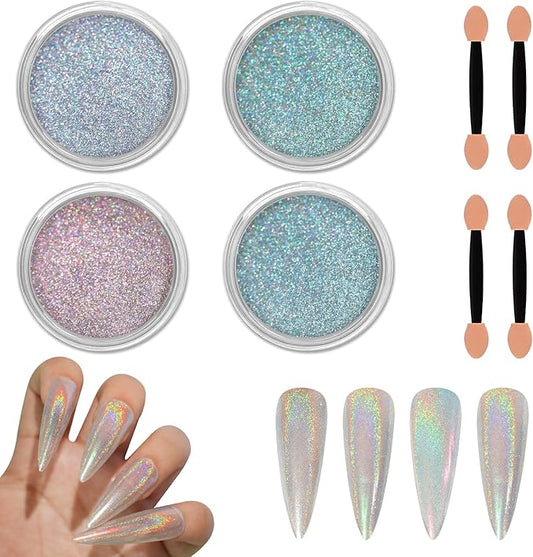 Allstarry Chrome Nail Powder Holographic Aurora Metallic Mirror Laser Effect Pigment, Iridescent ICY Aurora Glitter Dust Kit for Gel Polish Nail Art Decoration, Resin Craft - Emerald Rainbow