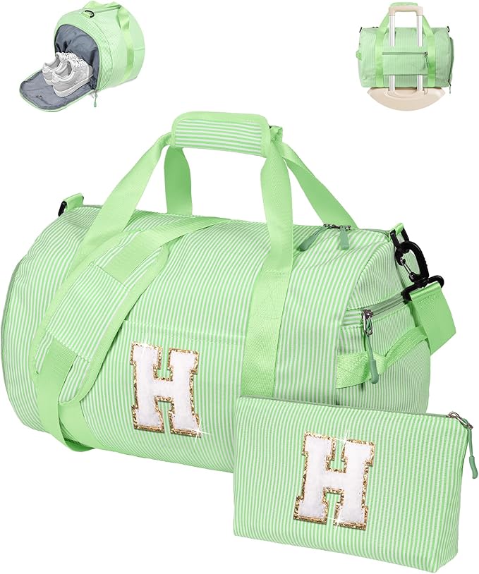 Birthday Gift Ideas, Girls Travel Duffle Bag, Kids Initial Overnight Bags with Shoe Compartment, Personalized Weekend Bag with Makeup Pouch, Gift for Gymnastics Girl (Letter H)