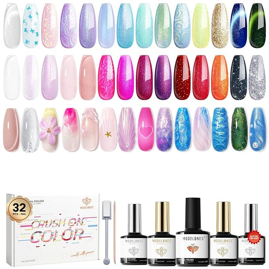 modelones 32 PCS Summer Gel Nail Polish Set, 28 Colors Glitter Cat Eye Jelly Pearl Chameleon Gel Polish with Magnet, No Wipe Base Coat, Glitter & Glossy & Matte Top Coat Soak Off Nail Art Kit