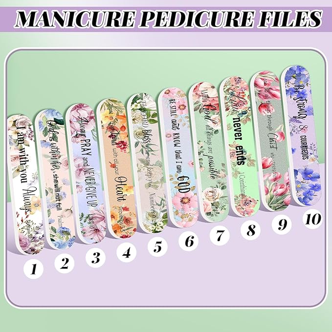 50 Pack Christian Gifts for Women Bulk Mini Bible Verse Scripture Nail Files Floral Emery Boards 10 Styles Christian Religious Appreciation Party Gifts for Team Employee Coworkers