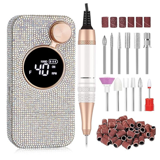 Electric Nail Drill,40000RPM Cordless Nail File Diamond with 12 Drill Bits for Acrylic Nails Gel Polishing,E File Nail Kit Machine for Manicure Salon Home (AB White Diamond)