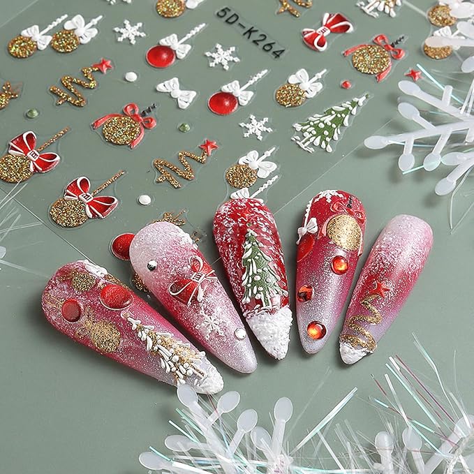 5D Christmas Nail Art Stickers Glitter Snowflakes Nail Decals Red Bells Christmas Tree French Nail Design Self Adhesive Stickers for Women Girls DIY Nail Art Decoration (Gold Silver)