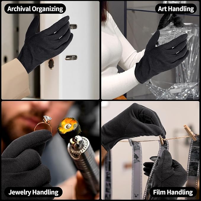 10 Pairs Extra Large Black Cotton Gloves for Dry Hands Sleeping, Men and Women Moisturizing, Black Work Gloves for Photography, Coin Handling, Jewelry, with Pack of 40 Touch Screen Stickers