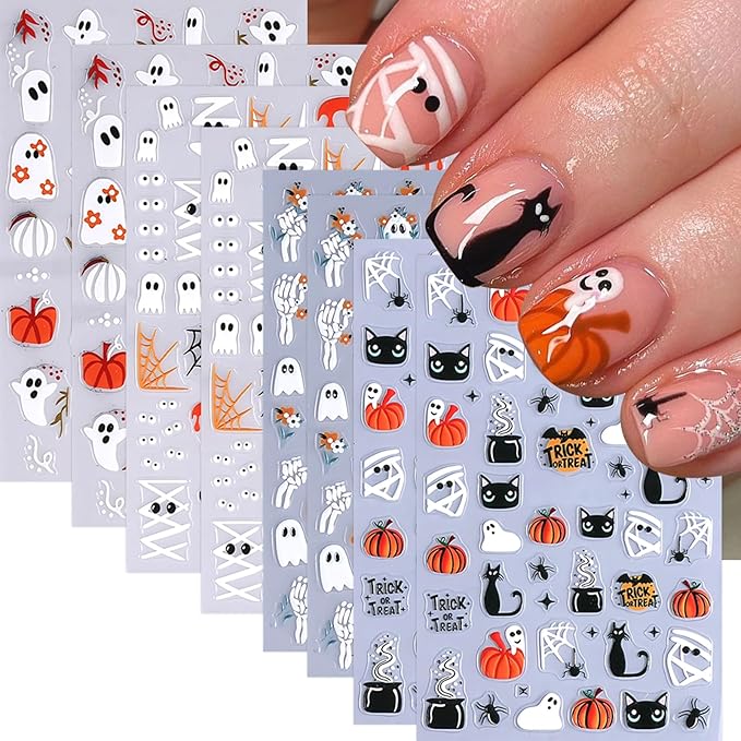 8 Sheets Cute Ghost Nail Stickers for Nail Art,5d Embossed Cute Ghost Nail Art Stickers Self Adhesive Pumpkin Spider Web Nail Decals Skeleton Flower Manicure Sliders for Women Nails Decorations