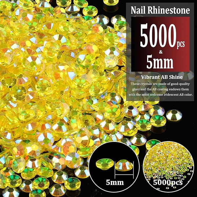 5000pcs 5mm Resin Rhinestones Bulk, Transparent Lemon Yellow AB Flatback Round Jelly Rhinestones Non Hotfix Crystal Gems Large Quantity Wholesale for DIY Crafts Clothes Bottles Face Makeup Manicure