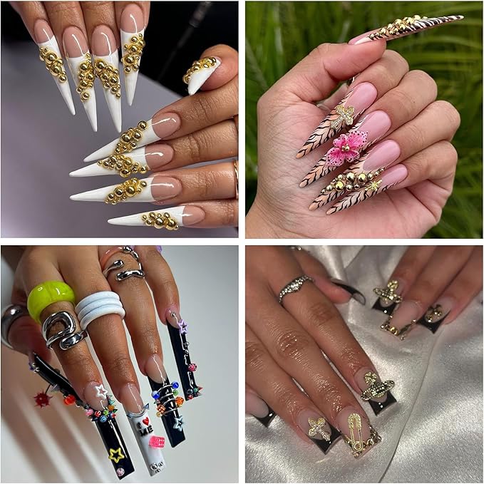 154PCS Gold Nail Charms for Acrylic Nails,Star Planet Cross Handcuffs Pins Doorknobs Puncture Golden Half Round Pearl Nail Accessories Nail Art Supplies Manicure Craft DIY