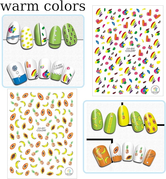 8 Sheets Geometry Summer Nail Stickers for Girls,Fruits Nail Decals 3D Self-Adhesive Kids Flower Nail Stickers Little Rainbow Design Holiday Decals for Women