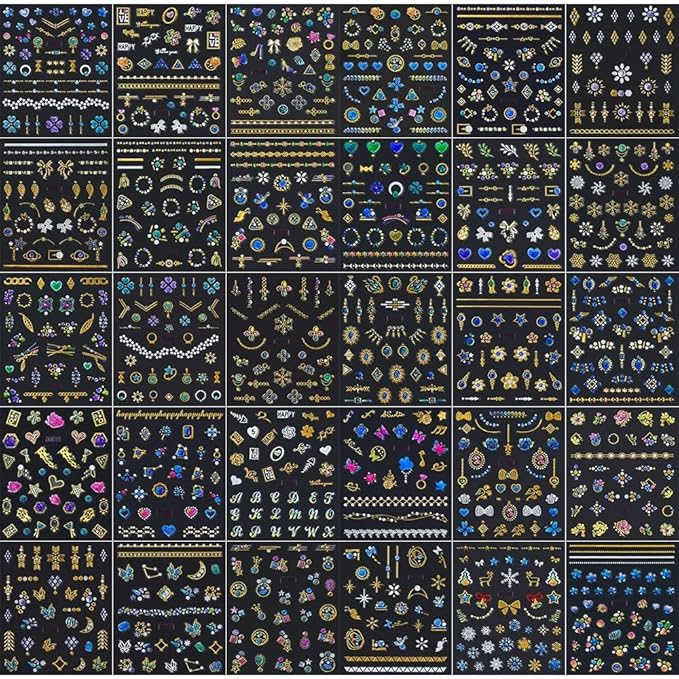 30 Sheets Gem Star Nail Stickers 3D Self Adhesive Luxury Blue Gems Theme Nail Art Charms Sticker Decals for Crafts Supplies Accessories (ST-BG)