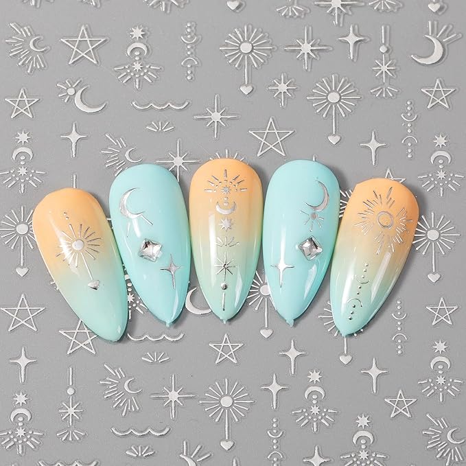 2 Sheets 3D Nail Stickers Star Moon Nail Art Decals Gold Silvery Nails Supplies Self-Adhesive Manicure Supplies for Women