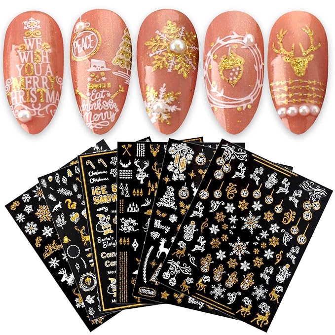 JMEOWIO 9 Sheets Christmas Nail Art Stickers Decals Self-Adhesive Pegatinas Uñas Bling Snowflake Snowman Holiday White Gold Nail Supplies Nail Art Design Decoration Accessories