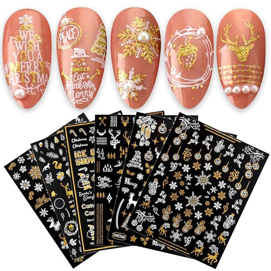 JMEOWIO 9 Sheets Christmas Nail Art Stickers Decals Self-Adhesive Pegatinas Uñas Bling Snowflake Snowman Holiday White Gold Nail Supplies Nail Art Design Decoration Accessories
