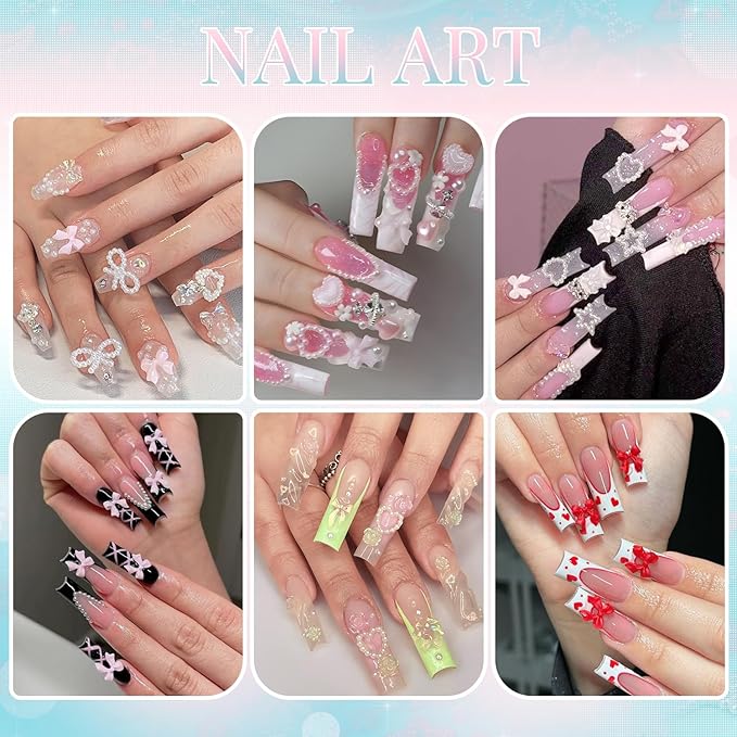 3D Nail Charms for Coquette Nails Design with Rhinestone Glue Set 1, Colorful Nail Bows + Assorted Heart Star Rose Butterfly Nail Jewels + 3D Flowers and Pearls, with Picker Tools for Nail Decor
