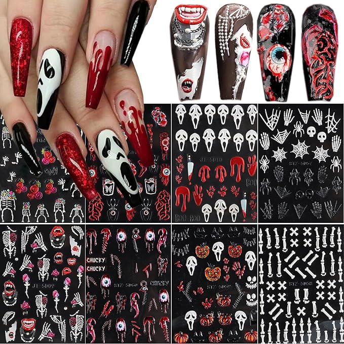 8Sheets Halloween Nail Stickers for Nail Art 5D Embossed Skull Ghost Nail Decals Self-Adhesive Pumpkin Spider Bat Eyes Skeleton Designs Horror Goth Nail Art Stickers for Women DIY Manicure Decoration