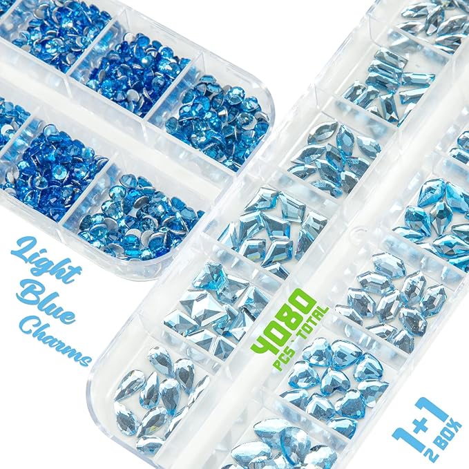 Light Blue Rhinestones for Nails Multi Shapes Crystal Flatback Rhinestones Gems Round Beads Glass Stones Diamonds Jewels w Wax Pen for Faces Eyes Makeup Crafts