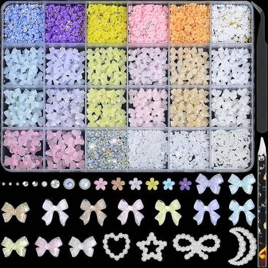 HNUIX Bow Nail Charms - 3D Multiple Colors, Bow-Knot, Flower, Pearls, Flat Back Rhinestones, with Kit, for Nail Art