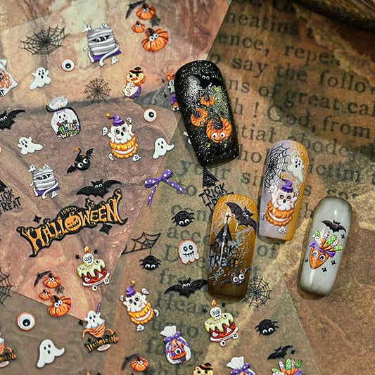 Halloween Nail Stickers for Nail Art - Cute Ghost Nail Art Sticker Halloween Bat Witch Hat 5D Embossed Nail Decals Self-Adhesive Nails Supply Manicure Stickers for Nails Decoration（Ghost Party）