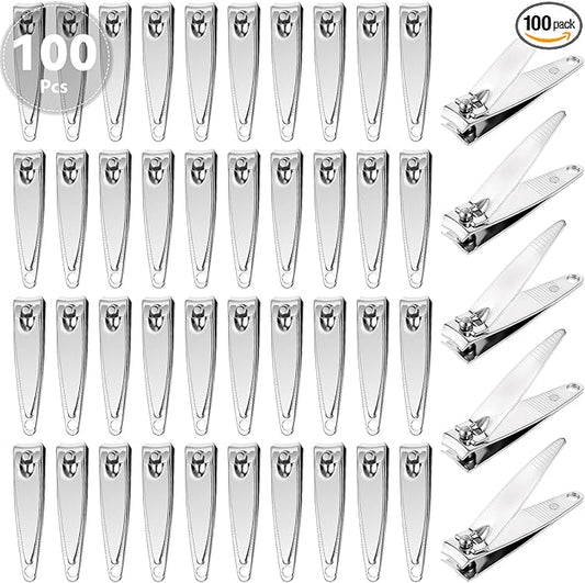 100 Pieces Nail Clippers Bulk for Men Women Adult, Ultra Sharp Stainless Steel Fingernail & Toenail Clippers Set, Flat Portable Travel Fingernails Sturdy Trimmer Pointed Pedicure Manicure Care Tool