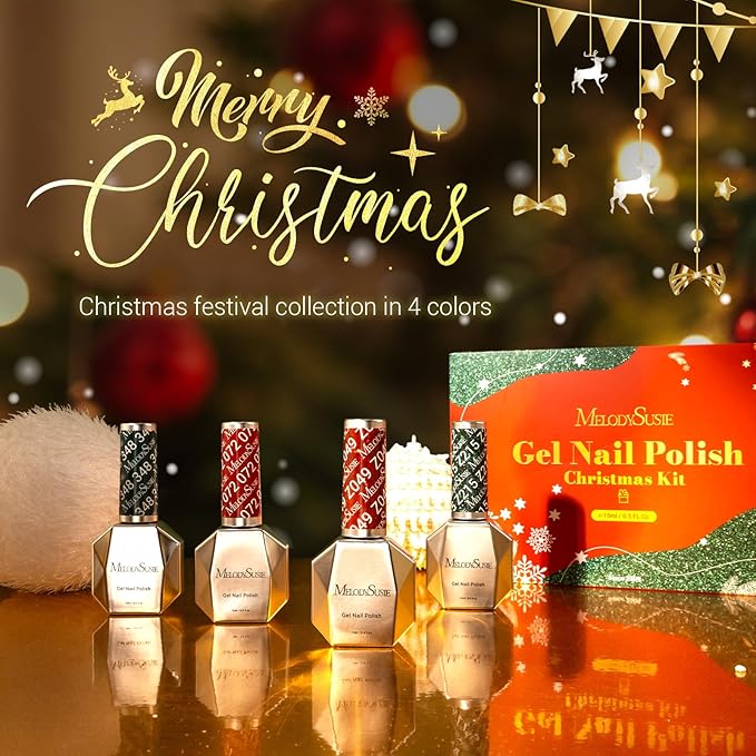MelodySusie 15ML Christmas Gel Nail Polish Set: Christmas 4 Colors Green and Red Gel Polish Nails Soak Off UV LED Christmas Gel Polish Set Gifts for Women Girls Nail Art Manicure Salon DIY Nail Design