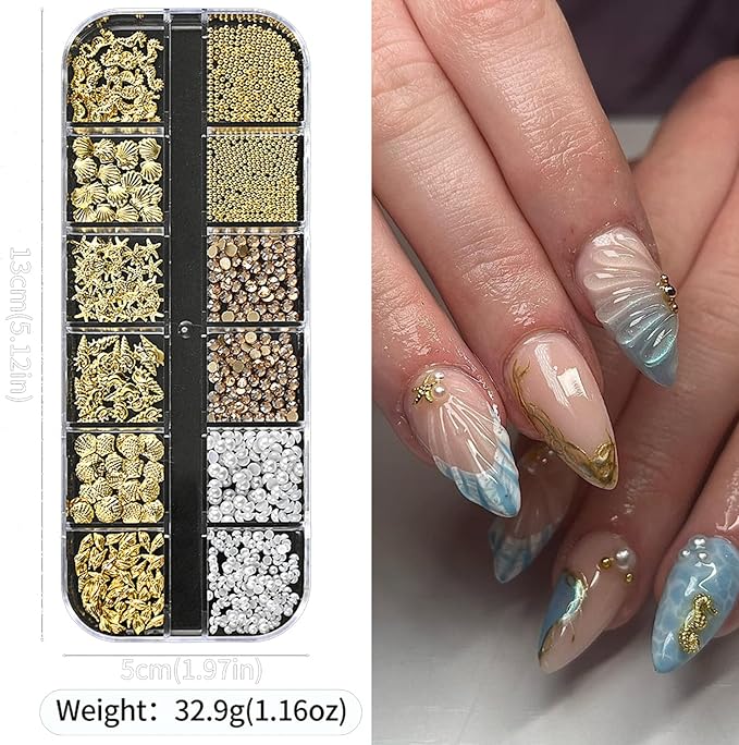 12Grids Summer Metal Nail Art Charms 3D Gold Starfish Shell Conch Nail Charms Sparkly Golden Rhinestone Seahorse Nail Art Jewelry White Pearls Nail Jewelry Ocean Theme Designs Nails Supplies for Women
