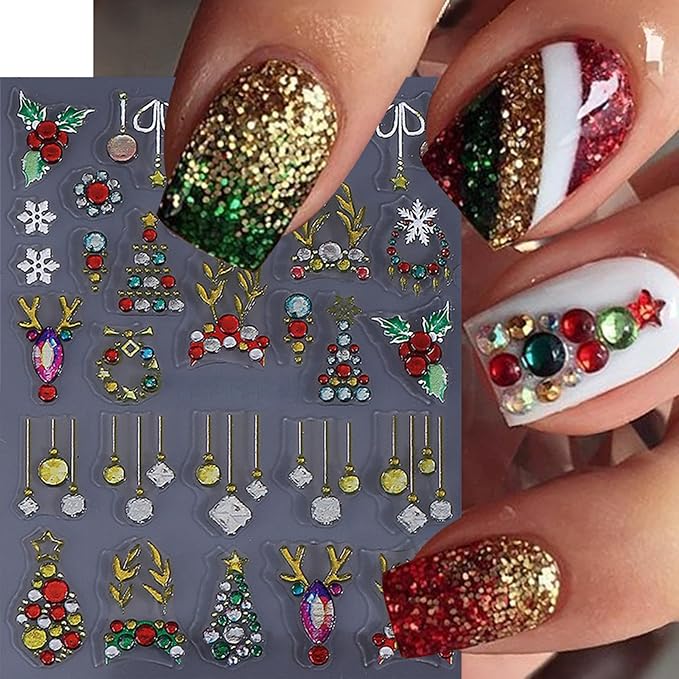 3 Pcs Christmas Nail Art Stickers 5D Embossed Bow Snowball Nail Stickers Xmas Tree Elk Nail Decals Red Gold Bow Snowflake Nails Supplies Winter Holiday Nails Decor for DIY Christmas Party Nail Designs