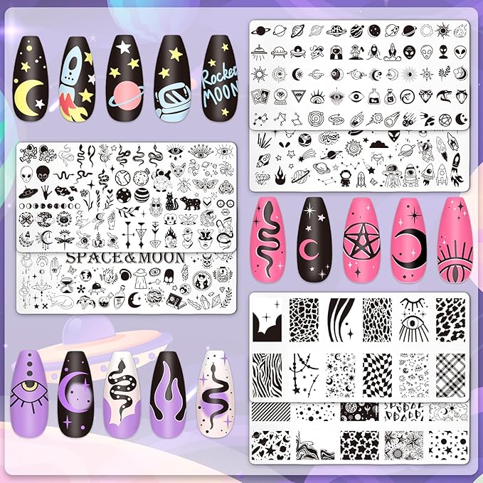 Whaline 6Pcs Outer Space Nail Plates Stamping Set Rocket Moon Planet Astronaut Stamp Templates Nail Art Plates for DIY Print Manicure Salon Design