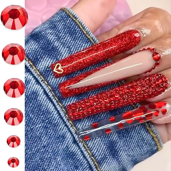Canvalite 2784PCS Red Rhinestones Flat Back Gems, Nail Rhinestones Gems with 5Pcs Jewelry Glues, Pick Up Tweezers and Diamonds Picker Dotting Pen, Tools for Nail Art, Clothes, Face, Crafts