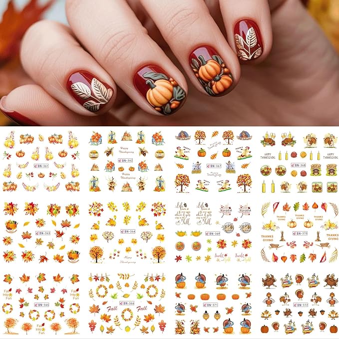 Fall Nail Stickers Water Decals 48 Designs Autumn Maple Leaf Water Transfer Nail Decals Turkey Pumpkin Squirrels Foxes Sliders Manicure Fall Sticker for Nail Decoration DIY Supplies 4 Sheets