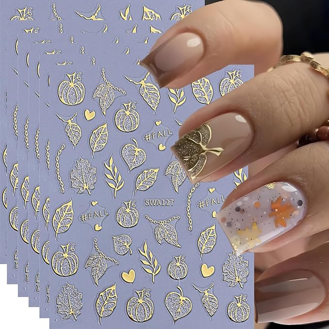 6Pcs Fall Nail Art Stickers Autumn Maple Leaf Nail Decals 3D Self-Adhesive Fallen Leaves Nail Stickers Cute Pumpkin Chain Nails Supplies Thanksgiving Manicure Sliders for Women Nails Art Decorations